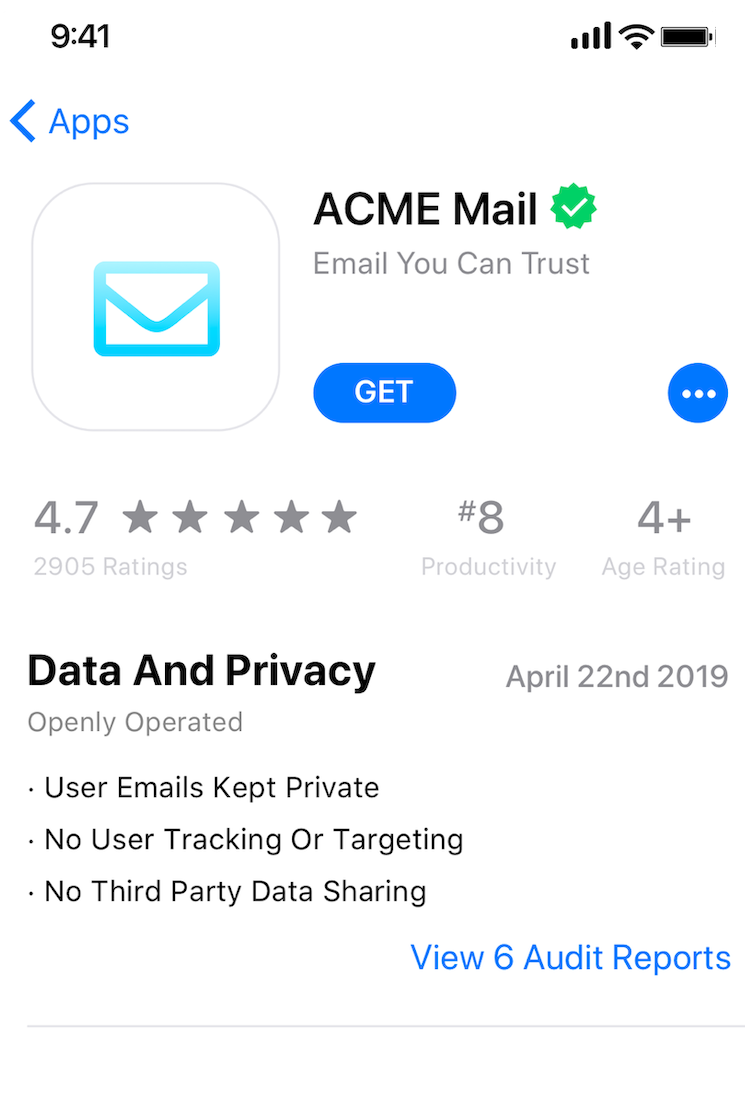An app store listing with verifiable data and privacy information up front.